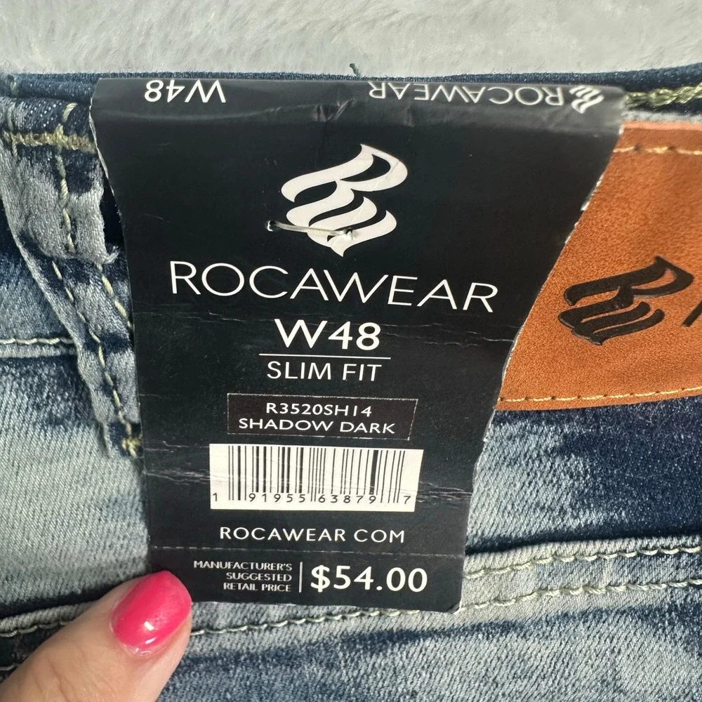 New Rocawear Denim Shorts Mens 48 Blue Biker Moto Embroidered Zip Pockets